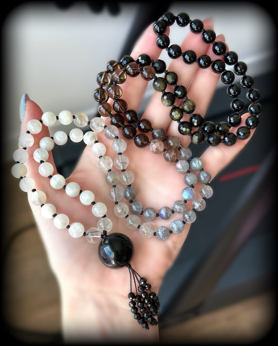 Reserved - It’s Only a Phase - 108 Gemstone Mala Necklace - Onyx + Black Spinel