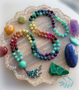 Kaleidoscope - Amazonite + Rainbow Gemstone 108 Mala Necklace - Apatite + Amazonite Beaded Tassel (40") - Blue Cord
