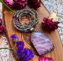 Load image into Gallery viewer, 70mm Rose Quartz Freeform + 32&quot; Rainbow Fluorite Chain