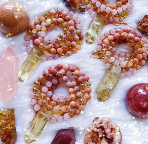 Reserved - 100 bead - Rose Quartz Hexagon - Mala Necklace -  Rose Quartz, Pink Opal