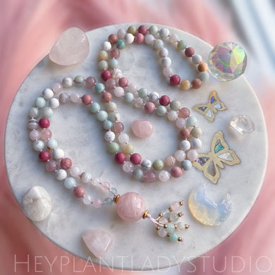 Kind Heart - 108 Rose Quartz + Howlite + Amazonite + Green Moonstone + Aquamarine Mala Necklace + Rose Quartz Guru Bead