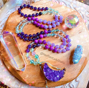 The Mystic Mala Necklace - Rainbow Fluorite + Amethyst 108 Beads