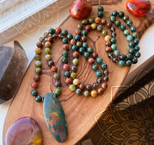 Load image into Gallery viewer, Determination + Strength Mala Necklace  - 108 - Bloodstone, Smoky Quartz, Petrified Wood, Rhyolite, Green Garnet, Natural Wood, Red Jasper, Dragonsblood Jasper
