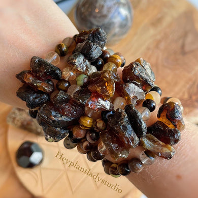 Glowing Embers Mala Bracelet - Baltic Amber + Fire Quartz + Gold Aura Quartz + Tigers Eye + Bronzite Olivin + Petrified Wood + Sardonyx