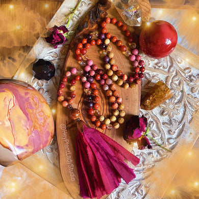 Strength + Wisdom - 108 Mala Necklace - Mookaite Jasper + Rhodonite + Ruby Sari Tassel