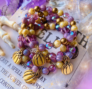 Enchanted Pumpkin Bracelet - Iridescent Czech Glass + Antique Gold Pumpkin