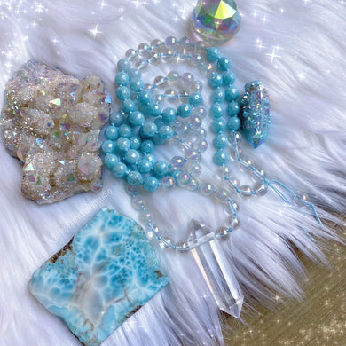Meditating Mermaid Mala - Aquamarine + Aura Quartz + Mystic Aqua Jade
