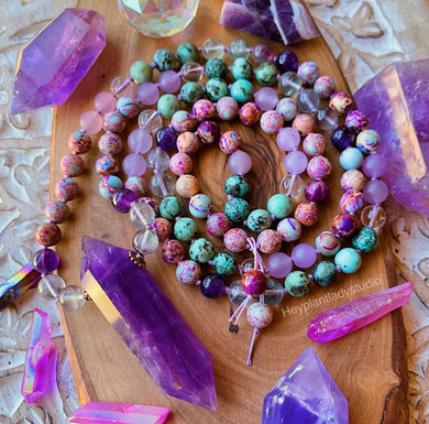 Carefree - 108 Rainbow Fluorite + Amethyst Mala Necklace