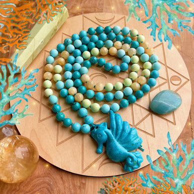 Sunshine Seas - Hand Carved Turquoise Seahorse, Yellow Calcite, Turquoise, Magnesite