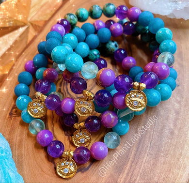 Calm Vibrations Mala Bracelet - 18K Gold Evil Eye Vermeil + Phosphosiderite + Amazonite + Fluorite + Amethyst