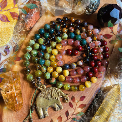 Circle of Life -Rhyolite + Green Garnet + Tigers Eye 108 Mala Necklace