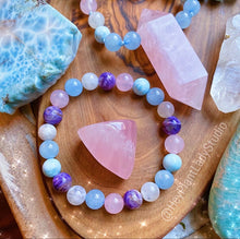 Load image into Gallery viewer, Serenity - 108 bead Larimar + Rose Quartz + Aquamarine + Charoite + Rainbow Moonstone Mala Necklace + Bracelet Set