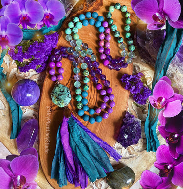 Calm Vibrations - 108 Mala Necklace -  Phosphosiderite + Fluorite + Mystic Purple/Teal Sari Tassel