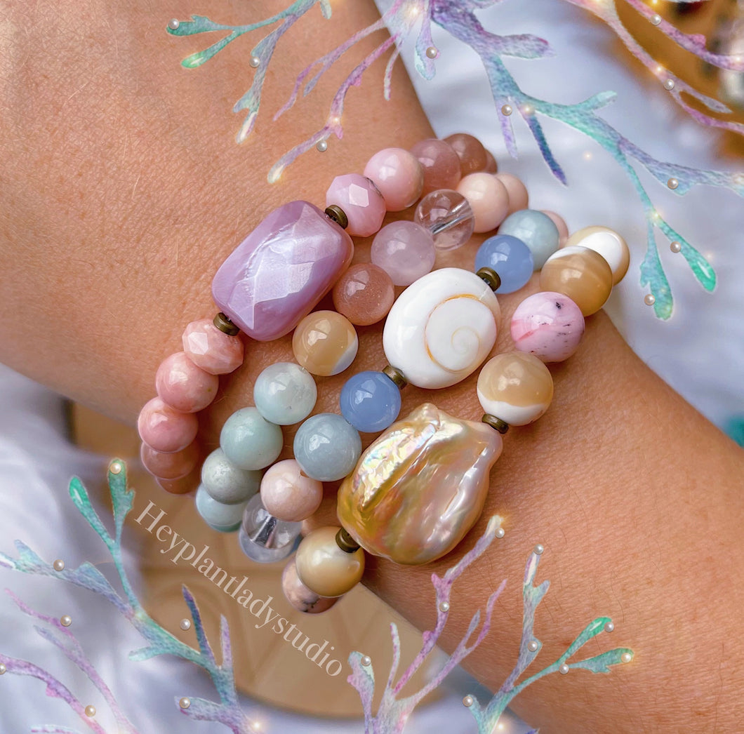 Under the Sea Set of Four - Shell + Pearl + Gemstone Stretch Bracelets