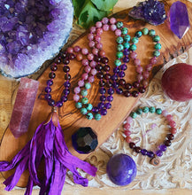 Load image into Gallery viewer, Harmony + Balance 108 Bead Mala Necklace + Bracelet Set - Mystic Purple Sari Tassel