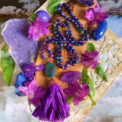 Peace Keeper - 108 Mala Necklace - Citrine + Galaxy Tigers Eye + Amethyst + Blue Aura Quartz