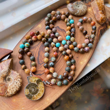 Load image into Gallery viewer, Dancing in Nature - 108 - Saddle Agate, Ammonite, Genuine Turquoise, Polychrome Jasper, Sandalwood, Picture Jasper, Fossil Agate, Ocean Jasper, Pietersite, Petrified Wood