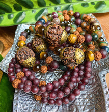 Load image into Gallery viewer, Manifesting Blessings Mala Bracelet - 6mm Matte Garnet + Rudraksha Seed