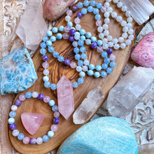 Load image into Gallery viewer, Serenity - 108 bead Larimar + Rose Quartz + Aquamarine + Charoite + Rainbow Moonstone Mala Necklace + Bracelet Set