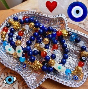 Vitality + Truth - Charmed  - Molten Mala Bracelet - 18k Gold + Evil Eye + Red Carnelian + Lapis Lazuli