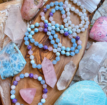 Load image into Gallery viewer, Serenity - 108 bead Larimar + Rose Quartz + Aquamarine + Charoite + Rainbow Moonstone Mala Necklace + Bracelet Set