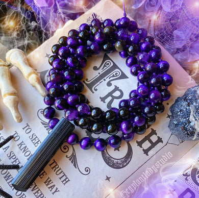 Circle of Protection - Purple Tigers Eye + Amethyst + Gold Sheen Obsidian 108 Mala Necklace