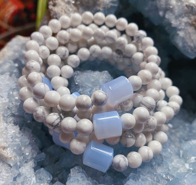 Cool and Calm Bracelet - AAA Natural Blue Chalcedony + Polished Howlite