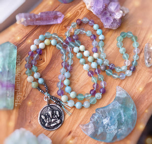 Path to Healing  - 108 - Rainbow Fluorite + Amazonite + Ganesha Mala