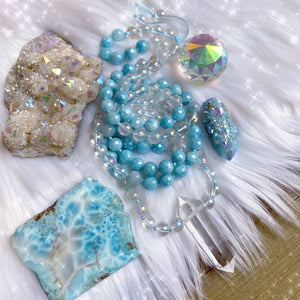 Meditating Mermaid Mala - Aquamarine + Aura Quartz + Mystic Aqua Jade