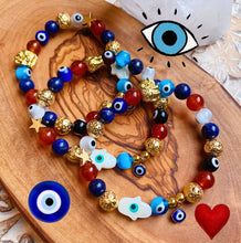 Load image into Gallery viewer, Vitality + Truth - Charmed  - Molten Mala Bracelet - 18k Gold + Evil Eye + Red Carnelian + Lapis Lazuli