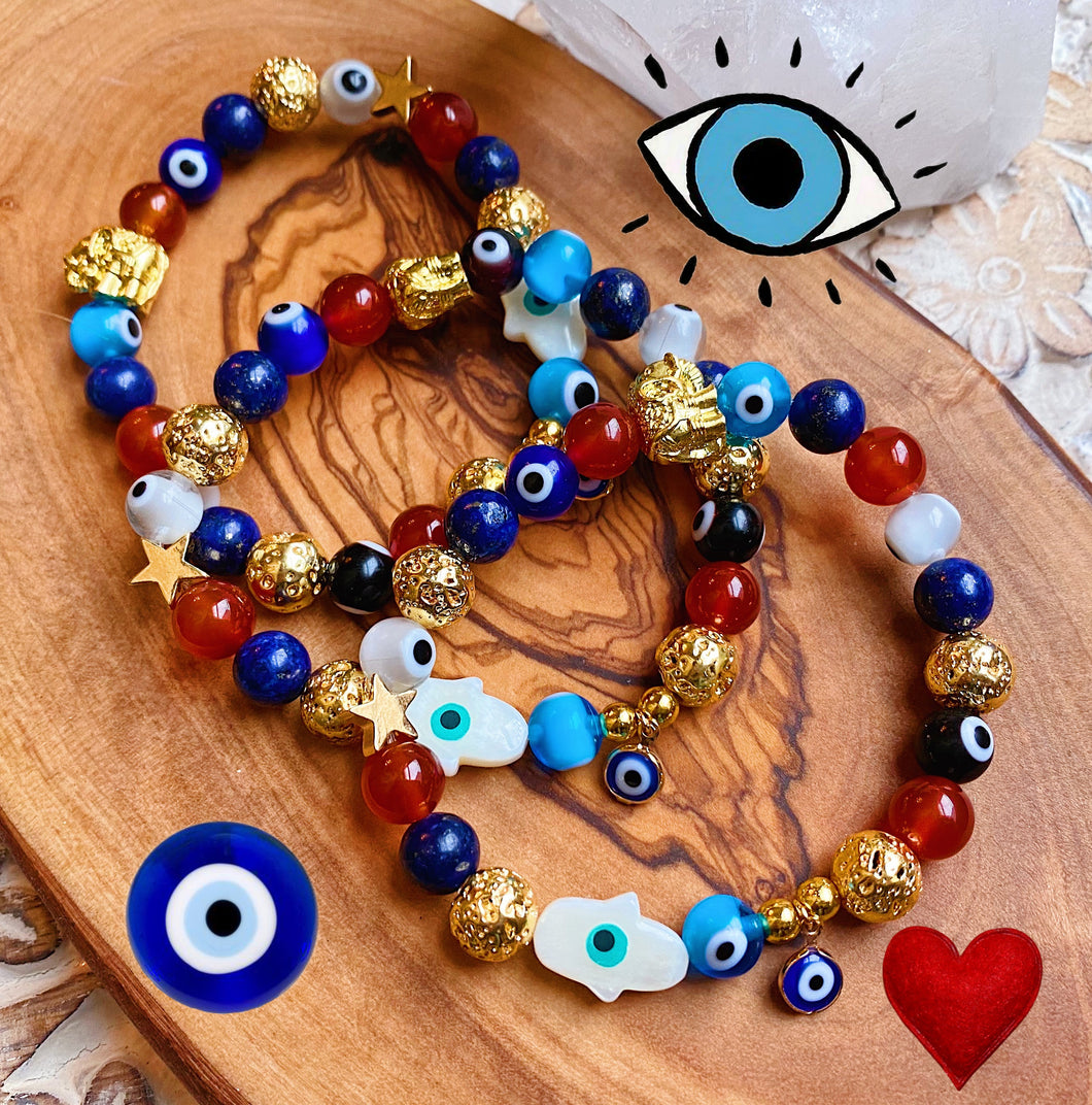 Vitality + Truth - Charmed  - Molten Mala Bracelet - 18k Gold + Evil Eye + Red Carnelian + Lapis Lazuli