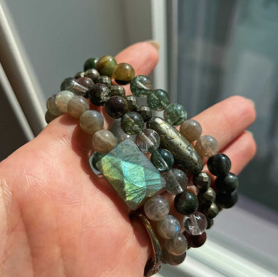 RESERVED Secrets of the Forest - Set 4 Bracelet Stack - Phantom Quartz, Pyrite, Labradorite, Sinkiang Jade, Eagle Eye