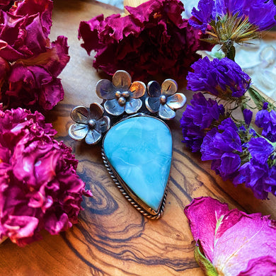 Larimar Pendant + Flowers - 50mm - 925 Sterling