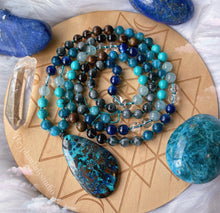 Load image into Gallery viewer, Kind Soul Necklace - 108 - Chrysocolla + Kyanite + Aquamarine + Turquoise Magnesite + Apatite + Eagle Eye + Bronzite + Smoky/Clear Quartz
