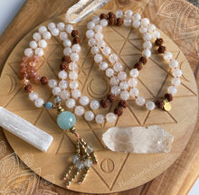 Load image into Gallery viewer, Sun + Moon + Sea - 108 Bead Necklace - Selenite + Rainbow Moonstone + Sunstone + Blue Rutile Quartz + Aquamarine Guru + Gold Filled OM Pendantoo
