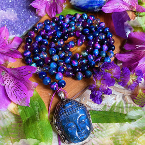 Peaceful Buddha 108 Mala Necklace - Galaxy Tigers Eye + Amethyst + Blue Aura Quartz