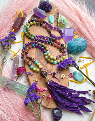 Grounded Goddess Mala Necklace - Watermelon Tourmaline + Amethyst + Smoky Quartz Guru + Hand Dyed Silk Tassel