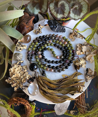 Regeneration Mala Necklace - Epidote + Ruby + Pyrite + Sunstone + Smoky Quartz + Onyx + Black Moonstone + Onyx Guru + Moss Hand Dyed Silk Tassel