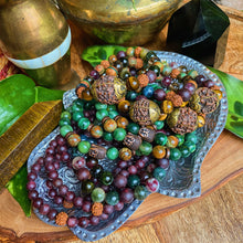Load image into Gallery viewer, Sacred Seeds - Tibetan Capped Rudraksha + Tigers Eye + Watermelon Tourmaline + Garnet + Dzi Agate