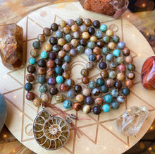Load image into Gallery viewer, Dancing in Nature - 108 - Saddle Agate, Ammonite, Genuine Turquoise, Polychrome Jasper, Sandalwood, Picture Jasper, Ocean Jasper, Pietersite, Petrified Wood