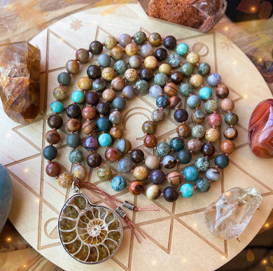 Dancing in Nature - 108 - Saddle Agate, Ammonite, Genuine Turquoise, Polychrome Jasper, Sandalwood, Picture Jasper, Ocean Jasper, Pietersite, Petrified Wood