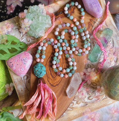 RESERVED - Restore 108 Bead Mala Necklace + Bracelet Set - Pink Botswana Agate + Peach Sari Tassel