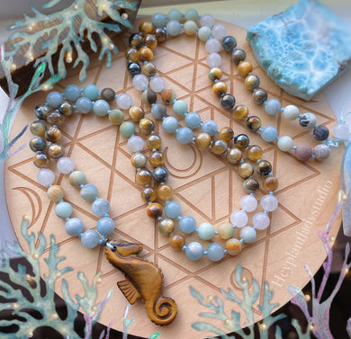 The Sandbar - Aquamarine + Mystic Blue Tigers Eye Gemstone Mala Necklace