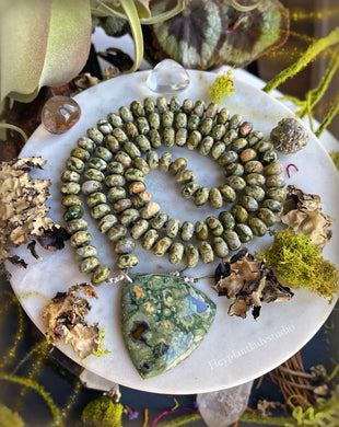 Creative Freedom - Rainforest Jasper Mala Necklace - 108 Bead - 12mm Rhyolite + Rhyolite Pendant 35”