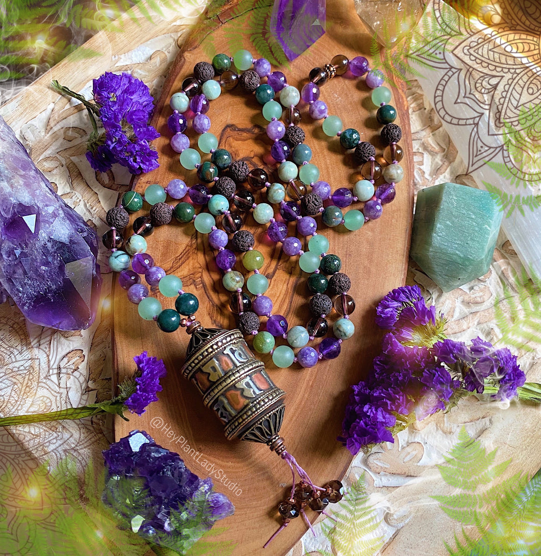 Ancient Forest - 108 Mala Necklace - Lepidolite + Green Aventurine + Tibetan Prayer Wheel