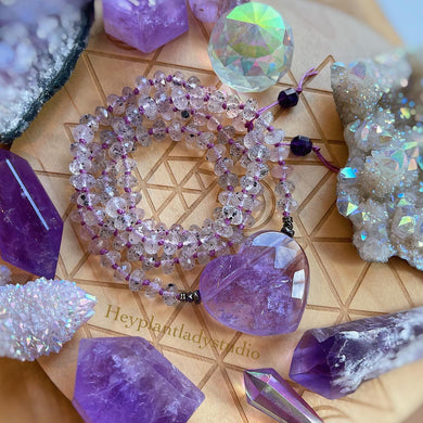 Peaceful Positive Energy - Gem Amethyst Heart + 108 Black Hematite Phantom Quartz