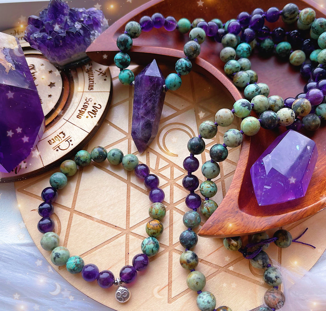 Growing and Flowing - Mala Necklace + Bracelet Set - Amethyst + African Turquoise + Karen Hill Tribe Silver