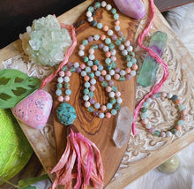 Load image into Gallery viewer, RESERVED - Restore 108 Bead Mala Necklace + Bracelet Set - Pink Botswana Agate + Peach Sari Tassel