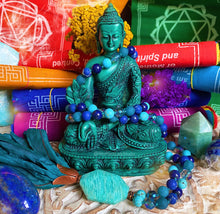Load image into Gallery viewer, Blossoming Butterfly - 108 Mala Necklace - Lapis Lazuli + Aura Quartz + Teal Sari Tassel
