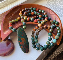 Load image into Gallery viewer, Determination + Strength Mala Necklace  - 108 - Bloodstone, Smoky Quartz, Petrified Wood, Rhyolite, Green Garnet, Natural Wood, Red Jasper, Dragonsblood Jasper